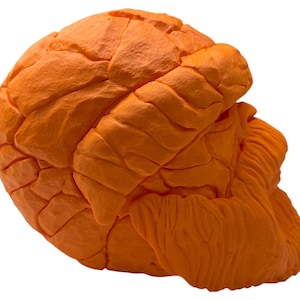 May include: An abstract sculpture in a vibrant orange hue. The form is composed of interconnected, rounded shapes with textured surfaces, creating a unique and eye-catching design. The sculpture is set against a clean white background.