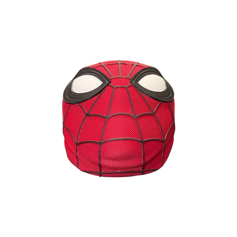 May include: A red Spider-Man mask with a black web pattern and white eye lenses. The mask is a full head covering, designed to resemble the superhero's iconic look. The mask is made of a textured material.