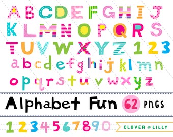 ALPHABET FUN hand drawn letters and numbers in bright colors, word art, font, Instant Download commercial use