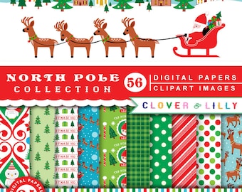 56 CHRISTMAS clipart and digital papers, Northpole Collection, santa claus, penguins, polar bear, reindeer, trees, village, presents,