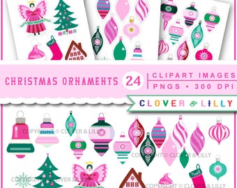 Christmas Ornaments clipart for cards, scrapbooking, paper crafts, Instant Download, Santa, Angel, Tree, Clip art