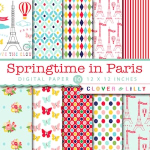 Digital paper with hot air balloons, flowers, shabby chic, Springtime in Paris, polka dots, eiffel tower, Instant Download