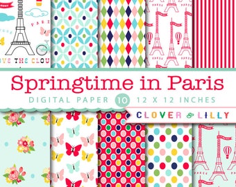 Digitaal papier met heteluchtballonnen, bloemen, shabby chic, Lente in Parijs, stippen, Eiffeltoren, Instant Download