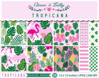 Tropical Flamingo digital paper, palms, fronds, scrapbook, pineapple, pool party, Instant Download