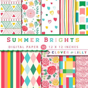 Summer Brights Digital Paper, Colorful Scrapbook Paper for cards, invitations, flowers, red, green, yellow, blue