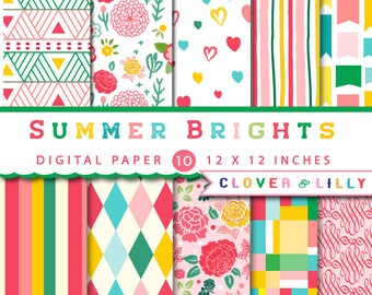 Summer Brights Digital Paper, Colorful Scrapbook Paper for cards, invitations, flowers, red, green, yellow, blue