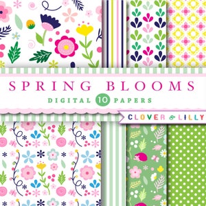 SPRING BLOOMS floral digital paper with spring flowers with polka dots, stripes Instant Download by Clover and Lilly