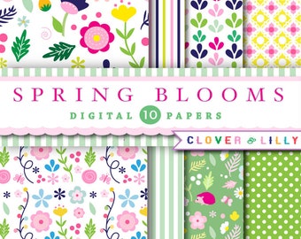 SPRING BLOOMS floral digital paper with spring flowers with polka dots, stripes Instant Download by Clover and Lilly