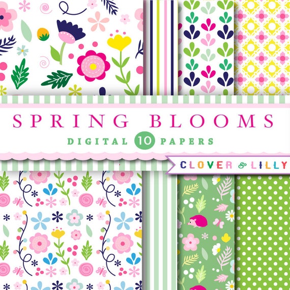 SPRING BLOOMS floral digital paper with spring flowers with polka dots, stripes Instant Download by Clover and Lilly