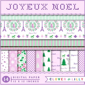 JOYEUX NOEL Cyfrowe papierowe kartki świąteczne, rękodzieło, papier do scrapbookingu, koniczyna i lilia, natychmiastowe pobranie