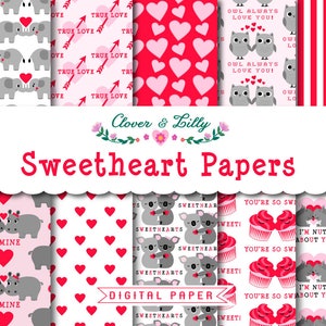 Valentines Day digital paper with koala bears, elephants, hippos, owls, squirrels, cupcakes, cute, kawaii,  scrapbook Instant Download