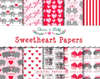 Valentines Day digital paper with koala bears, elephants, hippos, owls, squirrels, cupcakes, cute, kawaii,  scrapbook Instant Download