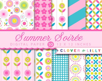 Summer Soiree Modern Floral digital paper in hot pink, teal, blue, yellow, flowers, Instant Download, scrapbook papers