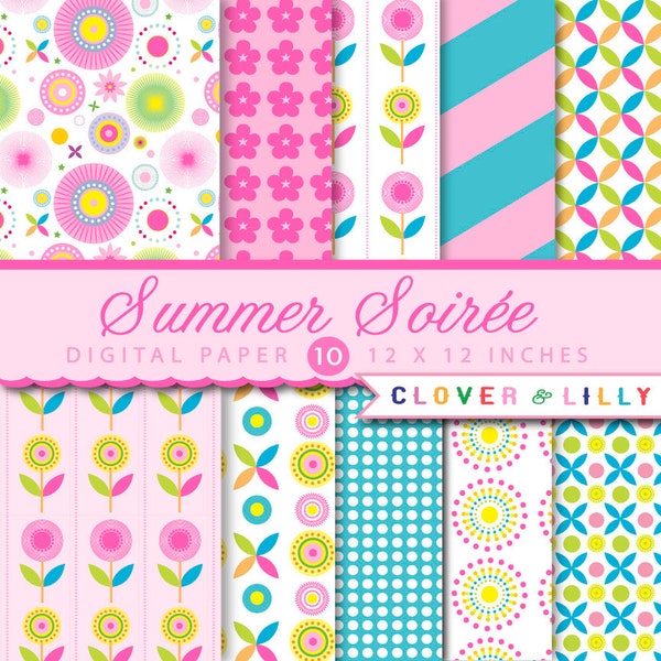 Summer Soiree Modern Floral digital paper in hot pink, teal, blue, yellow, flowers, Instant Download, scrapbook papers