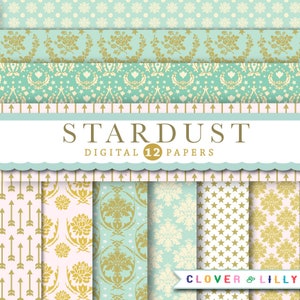 STARDUST Elegant digital paper with stars, damask, arrows, quatrefoil, pink, turquoise, mint and gold, scrapbook, Instant DOWNLOAD image 3