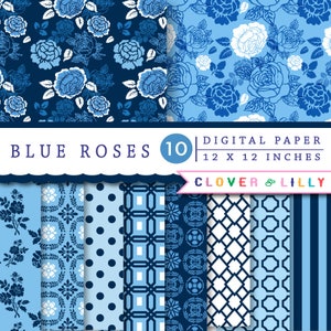 Navy Blue floral digital paper, BLUE ROSES, Floral scrapbook paper, French, Instant Download