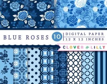 Navy Blue floral digital paper, BLUE ROSES, Floral scrapbook paper, French, Instant Download