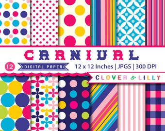 CARNIVAL digital scrapbook papers for card design, invites, bright colors, dots, stripes