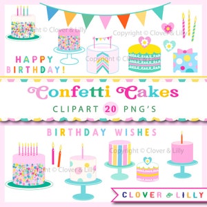 CONFETTI CAKES clipart with birthday cakes, candles, banners and word art in PNG format by Clover & Lilly