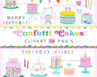CONFETTI CAKES clipart with birthday cakes, candles, banners and word art in PNG format by Clover & Lilly