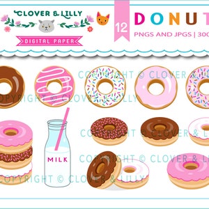 May include: A set of 12 digital donut illustrations in various colors and designs, including chocolate, pink, and sprinkles. The donuts are perfect for crafting projects, scrapbooking, and digital design. The image also includes a glass bottle of milk with a straw.
