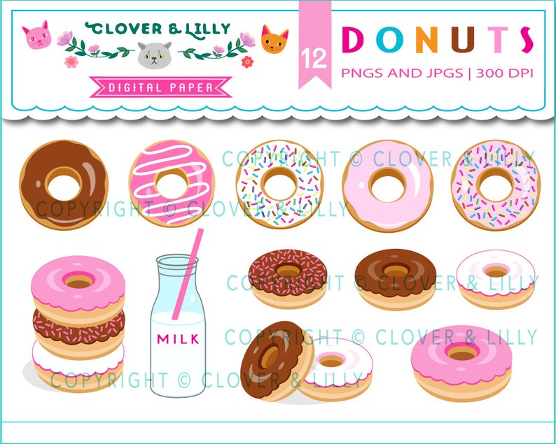 May include: A set of 12 digital donut illustrations in various colors and designs, including chocolate, pink, and sprinkles. The donuts are perfect for crafting projects, scrapbooking, and digital design. The image also includes a glass bottle of milk with a straw.