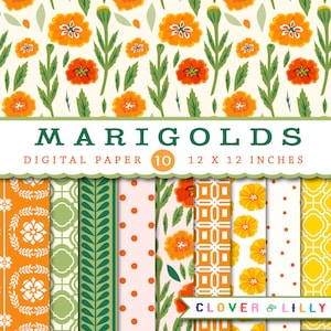 May include: A set of 10 digital papers featuring marigold flower patterns in orange, yellow, and green. The papers are 12 x 12 inches and are perfect for crafting and scrapbooking.