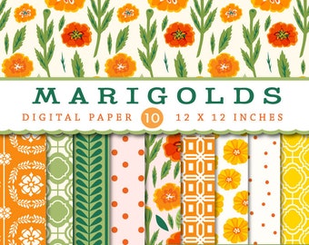 Marigolds Digital Paper, Floral Scrapbook papers, Spring Card Crafts, Printable, Commercial Use, Clover and Lilly