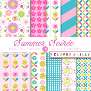 Sommer Soiree modernes, florales, digitales Papier in pink, petrol, blau, gelb, Instant Download, Papiere für Scrapbooking