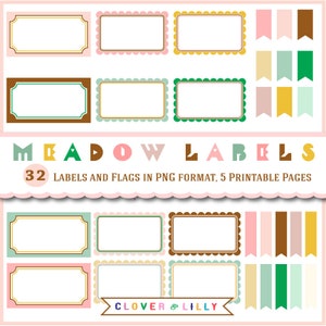 Meadow Labels and Flags in neutral colors, pink, brown, green, yellow, Frames in PNG format, Digital Clipart