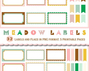 Meadow Labels and Flags in neutral colors, pink, brown, green, yellow, Frames in PNG format, Digital Clipart