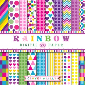 RAINBOW digital paper with chevron, confetti, hearts, polka dots, scrapbook, Instant Download, scrapbook papers, Clover and Lilly