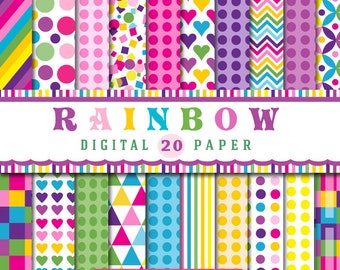 RAINBOW digital paper with chevron, confetti, hearts, polka dots, scrapbook, Instant Download, scrapbook papers, Clover and Lilly