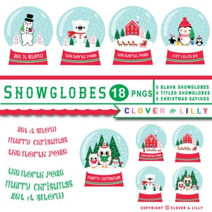 Christmas Snow Globe clipart, Snowman, Santa Claus, Penguins, Owls, North Pole, Cute Clip art, Instant Download, Clover and Lilly image 1