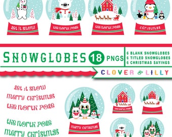 Christmas Snow Globe clipart, Snowman, Santa Claus, Penguins, Owls, North Pole, Cute Clip art, Instant Download, Clover and Lilly