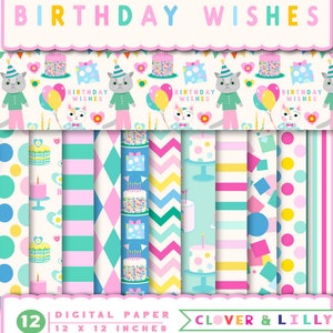 Verjaardagsfeestje digitale papieren voor kaarten, uitnodigingen, Polka Dots, Cakes, confetti, Scrapbookpapier, Instant Download, Clover en Lilly afbeelding 5