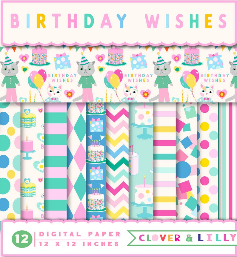 Verjaardagsfeestje digitale papieren voor kaarten, uitnodigingen, Polka Dots, Cakes, confetti, Scrapbookpapier, Instant Download, Clover en Lilly afbeelding 5