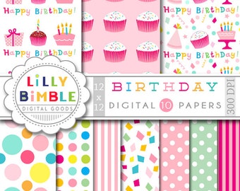 Birthday digital paper with cake, cupcakes, gifts, confetti, polka dots, Happy Birthday scrapbook Instant Download
