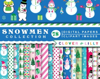 SNOWMEN CLIPART and digital paper for Christmas, Holiday crafts, snowman, snow family, snowflakes, trees, Christmas, Clip art, scrapbook