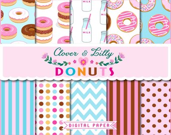 Donut digital paper with donuts, milk bottles, for birthday invites, scrapbooking, Instant Download commercial use