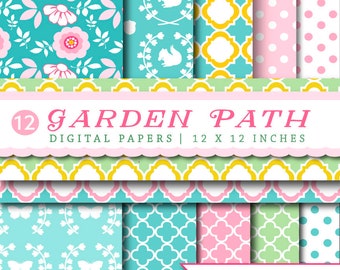 GARDEN PATH digital paper with flowers, quatrefoil, butterflies, squirrel, Spring and Summer printable scrapbook paper