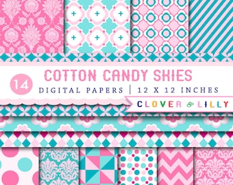 Pink and Turquoise digital scrapbook papers with damask, quatrefoil, stripes, polka dots. Instant Download Cotton Candy