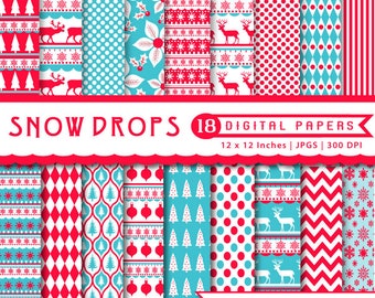 Christmas digital paper, SNOW DROPS, scandinavian, red and turquoise, Scrapbook Papers