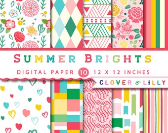 Summer Brights Digital Paper, Colorful Scrapbook Paper for cards, invitations, flowers, red, green, yellow, blue