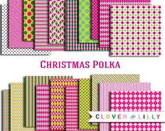 Christmas digital scrapbook paper Christmas Polka hot pink, green, lime, dots, stripes, Instant Download