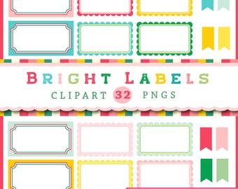 Bright Labels and Flags in red, green, yellow, blue, pink, Frames in PNG format, Digital Clipart