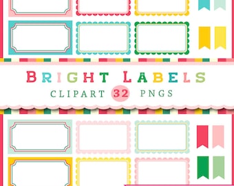 Bright Labels and Flags in red, green, yellow, blue, pink, Frames in PNG format, Digital Clipart