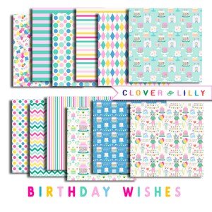 Verjaardagsfeestje digitale papieren voor kaarten, uitnodigingen, Polka Dots, Cakes, confetti, Scrapbookpapier, Instant Download, Clover en Lilly afbeelding 2