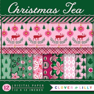 Christmas Digital Paper modern Christmas Tea Scrapbook papers, paper pack, instant Download, tea party
