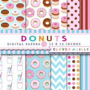 Donut digital paper with donuts, milk bottles, for birthday invites, scrapbooking, Instant Download commercial use